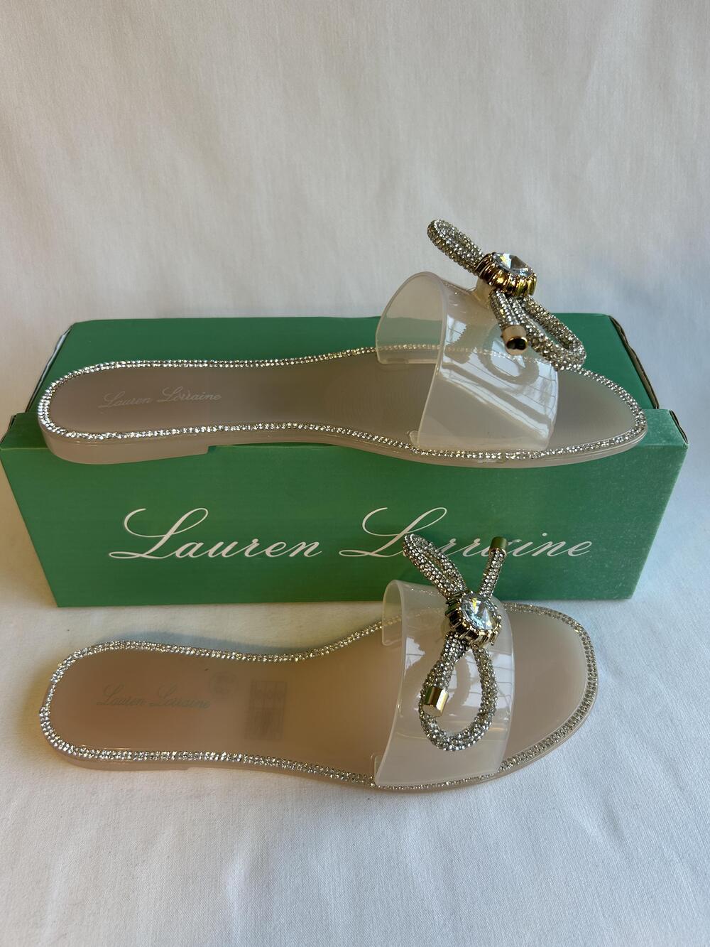 Lauren Lorraine Sandals Womens Size 6.5 Blush Breeze Rhinestone Bow Slides Flat